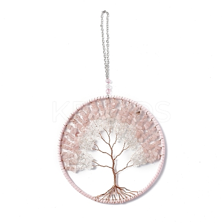 Wire Wrapped Chips Natural Crystal Quartz & Rose Quartz Big Pendant Decorations HJEW-A005-02A-1