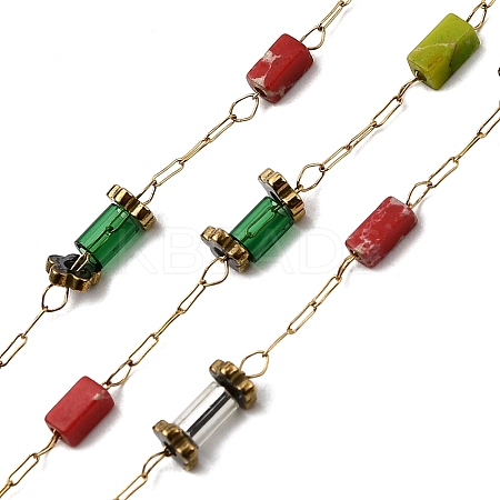 Handmade 304 Stainless Steel Natural Imperial Jasper Column Link Chains CHS-L032-04G-1