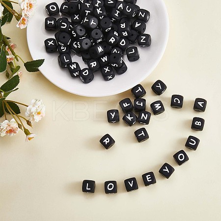 20Pcs Black Cube Letter Silicone Beads 12x12x12mm Square Dice Alphabet Beads with 2mm Hole Spacer Loose Letter Beads for Bracelet Necklace Jewelry Making JX433L-1
