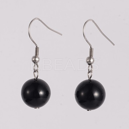 Round 304 Stainless Steel Natural Dyed & Heated Black Agate Dangle Earrings EJEW-JE01973-03-1