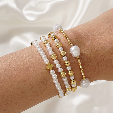 4Pcs 4 Styles Elegant Imitation Pearl & Brass Beads Stretch Bracelets for Women YV1811-1-1
