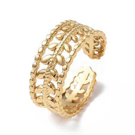 Ion Plating(IP) 304 Stainless Steel Leafy Branch Open Cuff Ring for Women LS-RJEW-C046-02G-1