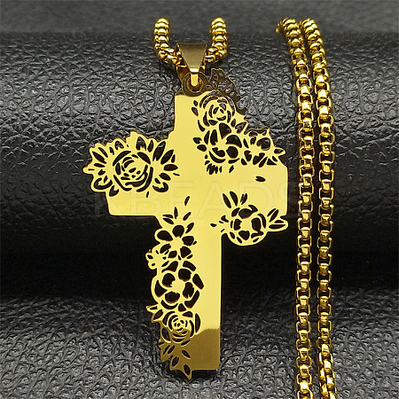201 Stainless Steel Hollow Rose Cross Pendant Necklaces LS-NJEW-H065-31G-1