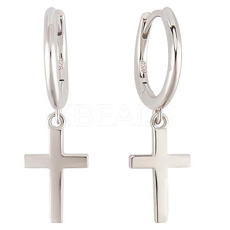 1 Pair Cross Rhodium Plated 925 Sterling Silver Dangle Hoop Earrings for Women EJEW-BBC0001-53-1