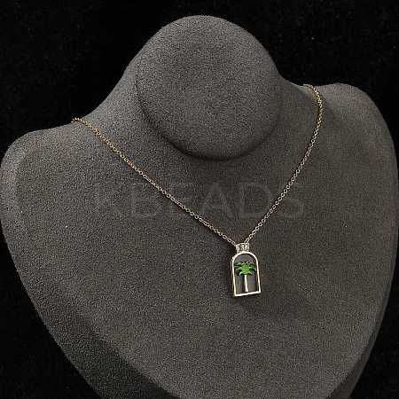Arch with Coconut Tree Brass Enamel Pendant Necklaces LS-NJEW-H051-03G-1