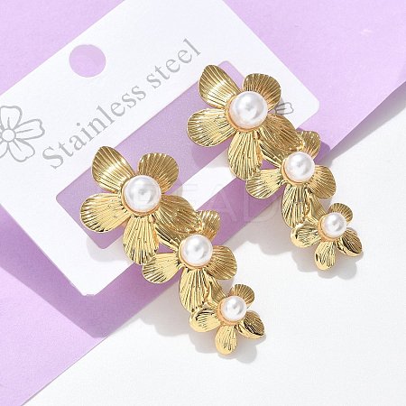 304 Stainless Steel & ABS Plastic Imitation Pearl 3 Flowers Stud Earrings EJEW-S253-21G-1