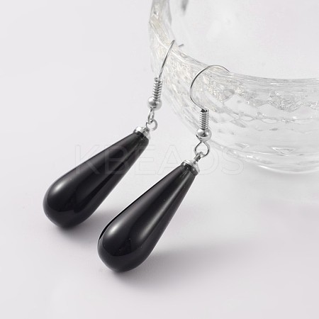 Teardrop Platinum Tone Brass Natural Dyed & Heated Black Agate Dangle Earrings EJEW-M058-03-1