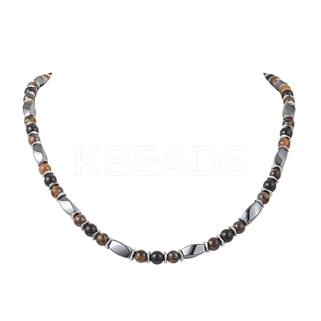 Round Natural Tiger Eye & Obsidian & Twist Synthetic Non-Magnetic Hematite Beaded Necklaces NJEW-JN05728-01-1