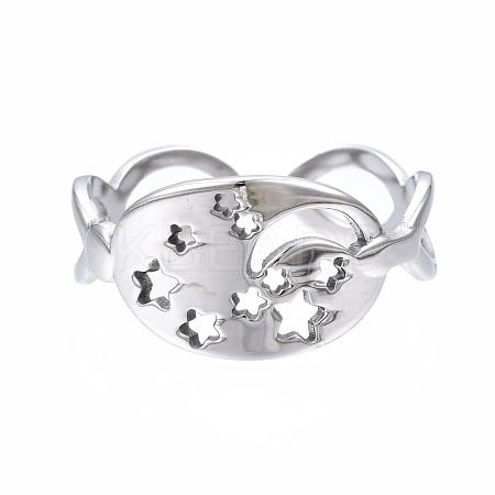 Non-Tarnish 304 Stainless Steel Moon and Star Open Cuff Ring RJEW-T023-12P-1