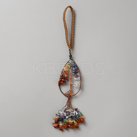 Copper Wire Wrapped Chakra Natural Gemstone Teardrop with Tree of Life Pendant Decorations HJEW-CJC0816-001R-1