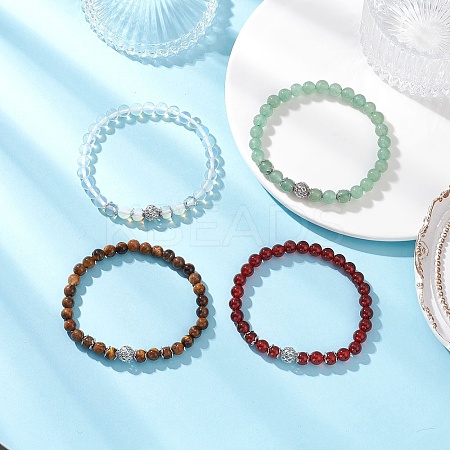 4Pcs 4 Styles Opalite & Natural Tiger Eye & Green Aventurine & Carnelian(Dyed & Heated) Cross Round Beaded Stretch Bracelet Sets for Men Women BJEW-JB12266-1