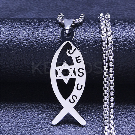 201 Stainless Steel Religion Jesus Fish Pendant Necklaces LS-NJEW-H065-05P-1