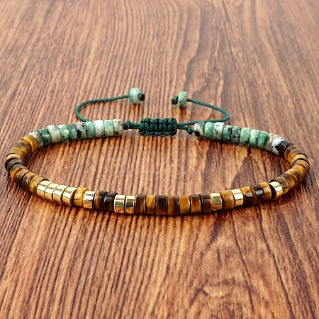 Natural African Turquoise(Jasper) and Tiger Eye Heishi Beads Adjustable Braided Bracelets for Men Women BX7041-23-1