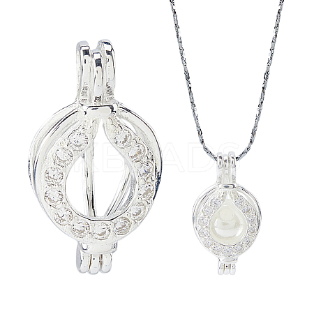 925 Sterling Silver Micro Pave Clear Cubic Zirconia Empty Bead Cage Pendants STER-WH0005-64-1