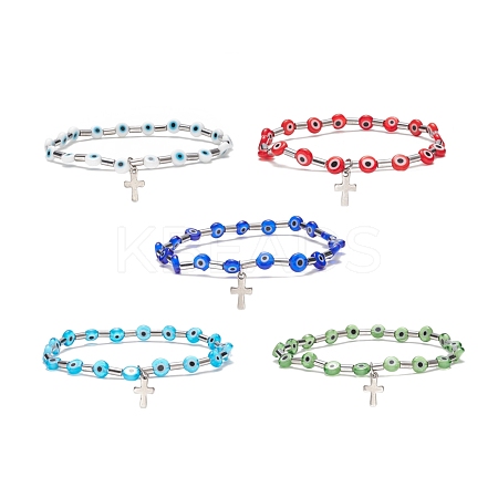 Lampwork Evil Eye & Stainless Steel Column Beaded Stretch Bracelet with Cross Charm for Women BJEW-JB08601-1