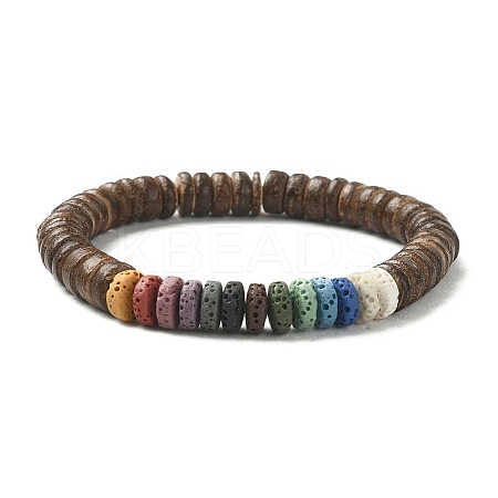 Dyed Natural Lava Rock & Coconut Rondelle Beaded Stretch Bracelet BJEW-JB09678-1