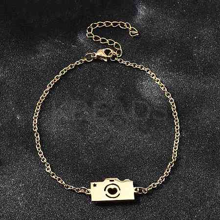 201 Stainless Steel Camera with Heart Link Bracelets BJEW-B128-04G-1
