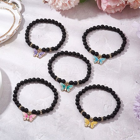 Round Natural Lava Rock Beads Stretch Bracelets for Women BJEW-JB11401-1