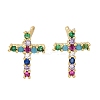 Rack Plating Cross Brass Micro Pave Cubic Zirconia Stud Earrings EJEW-H143-19G-4