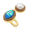 Resin Oval & Imitation Pearl Open Cuff Ring with Rhinestone RJEW-D005-10G-1