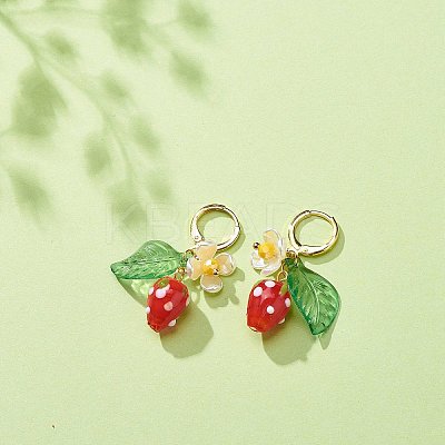Lampwork Strawberry with Plastic Pearl Flower Dangle Leverback Earring X-EJEW-TA00130-1