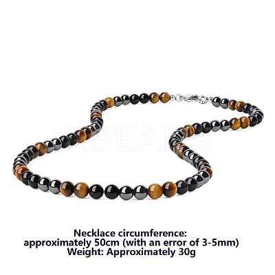 Synthetic Non-magnetic Hematite & Natural Tiger Eye & Obsidian Round Beaded Necklaces for Men YX5918-1-1