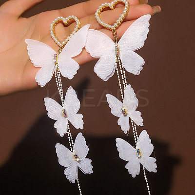 Heart with Butterfly Alloy Cloth Dangle Stud Earrings FS-WG4EAFC-01-1