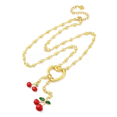 Heart & Cherry Brass Red Enamel Pendant Necklaces for Women NJEW-G162-02G-1