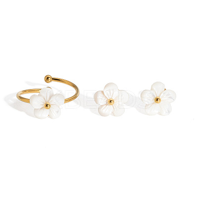 Fashion Stainless Steel Flower Cuff Rings & Stud Earrings Sets for Women WL9140-1-1