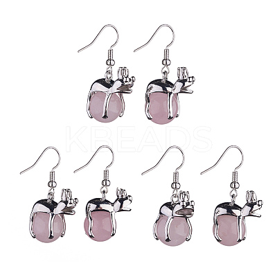 Natural Rose Quartz Frog Dangle Earrings EJEW-A092-13P-06-1