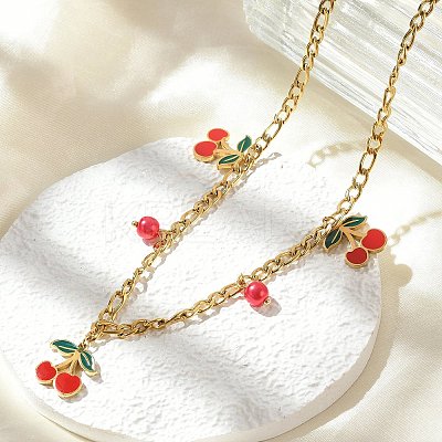 304 Stainless Steel Red Enamel Cherry and Round Plastic Pendant Necklaces for Women NJEW-M091-01G-1