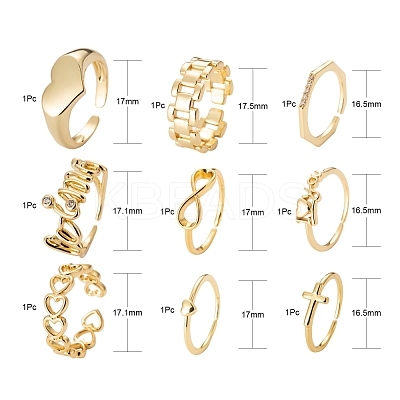 9Pcs 9 Style Brass Cuff Rings RJEW-LS0001-11G-1