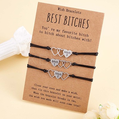 3Pcs 3 Style 430 Stainless Steel Heart with Word Bitch Link Bracelets Set JB717A-1