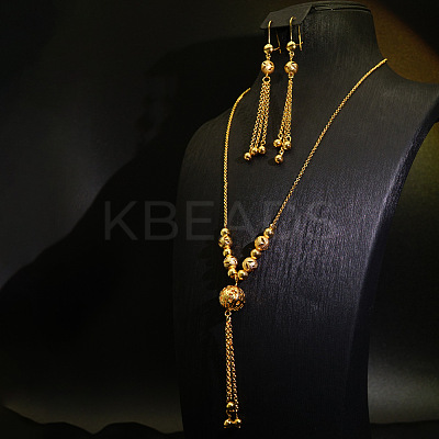 Alloy & Brass Round Beaded Tassel Pendant Necklaces & Hoop Earrings Sets FS-WGD59F5-02-1