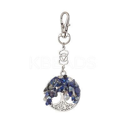 Natural Lapis Lazuli Chips Beads & Alloy Tree of Life Pendant Decorations HJEW-JM03128-02-1