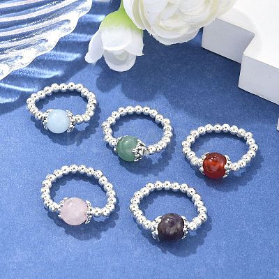 Platinum Tone Iron Bead Natural Mixed Stone Stretch Finger Rings RJEW-JR00142-1