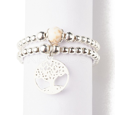 2Pcs 2 Style Natural Magnesite & Synthetic Hematite Beaded Rings with Brass Tree of Life Charms RJEW-JR00474-02-1