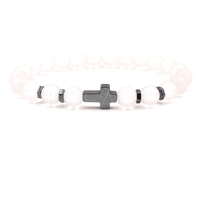 8MM Round Frosted Natural White Jade Beaded Stretch Bracelets with Synthetic Non-magnetic Hematite Cross FA1012-13-1