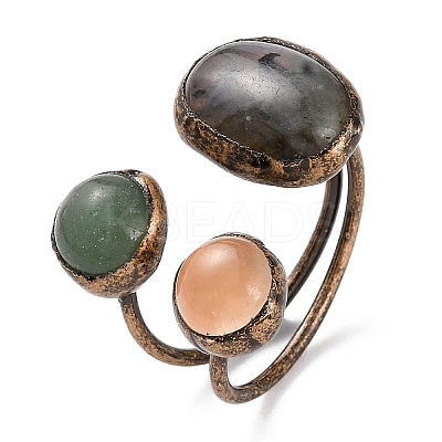 Oval & Round Natural Labradorite & Rose Quartz & Green Aventurine Open Cuff Rings RJEW-A041-01R-1