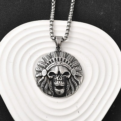 304 Stainless Steel Indian Head Skull Pendant Necklaces for Women Men NJEW-Z076-03AS-1