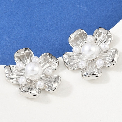 Flower Brass ABS Imitation Pearl Stud Earrings EJEW-M082-08P-1