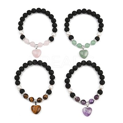 4Pcs Natural Mixed Gemstone Heart Charms Bracelets BJEW-JB12402-1