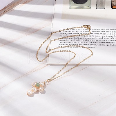 Natural Green Aventurine & Pearl Braided Cross Pendant Necklace NJEW-JN03920-02-1