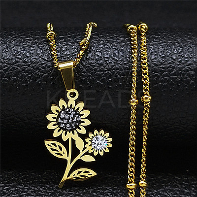 201 Stainless Steel Crystal Rhinestone Sunflower Pendant Necklaces NJEW-H065-16G-1