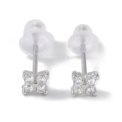 Rhodium Plated Clover 999 Fine Silver Cubic Zirconia Stud Earrings for Women EJEW-S215-16P-1