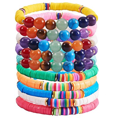 Round Natural & Synthetic Stone Beads Stretch Bracelets Set BJEW-SW00014-1