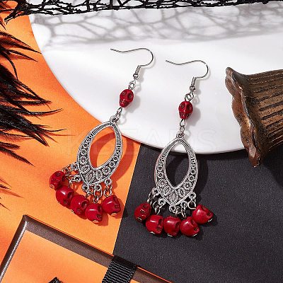 Halloween Skull Dyed Synthetic Turquoise & Alloy Dangle Earrings EJEW-JE05890-03-1