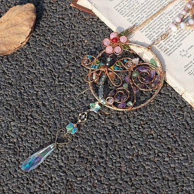 Wire Wrapped Natural Gemstone Beads & Metal Dragonfly Hanging Ornaments PW-WG454D0-01-1