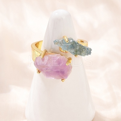 Nuggets Natural Amethyst & Aquamarine Open Cuff Rings RJEW-K286-12G-02-1