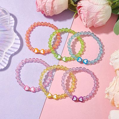 6Pcs 6 Colors Heart & Round Acrylic Beaded Stretch Kid Bracelet Sets BJEW-JB10674-1